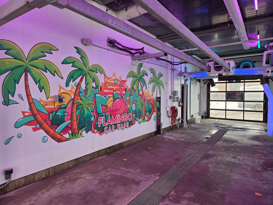 Graphresh Studio Transforms Flamingo Car Wash with a Striking 20-Foot Interior Wall Mural